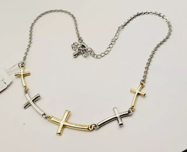 Linked Cross Necklace Two Tone Gold & Silver 20" †  Religious Jewelry