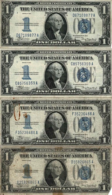 1934 $1 Lot of 4 Funny Back Silver Certificate Blue Seal