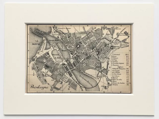 BOULOGNE TOWN CITY Plan FRANCE - 1881 Mounted Antique Map