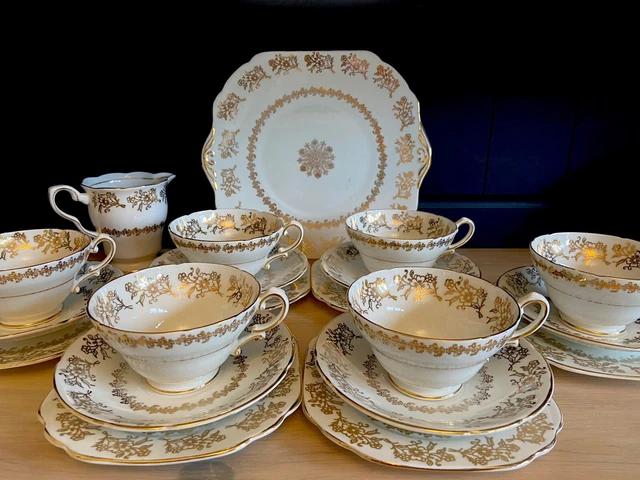 VINTAGE STANLEY BONE China Tea Set Trios White Gold Cups Saucers