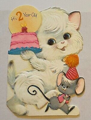 Sweet Used 1969 Hallmark Embossed Birthday Greeting Card Age 2 Cat & Mouse