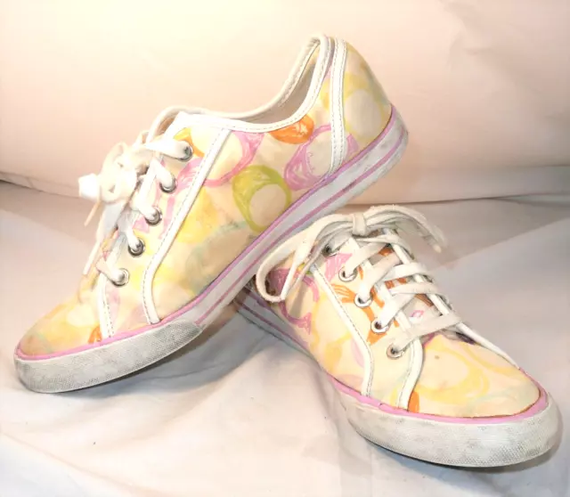 Coach Dee Signature Script Tennis Shoe Sneakers Multicolor Pastel Women's Sz 8.5