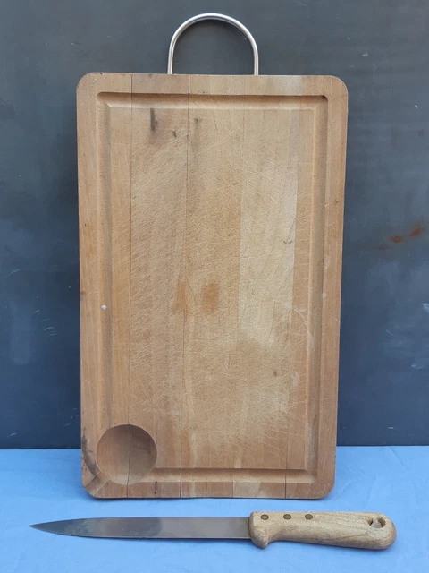 Ancienne Planche à Découper En Bois + Couteau De Cuisine ICEL - Dimensions 36.5x21x2 Cm - Occasion, état Fonctionnel - Fabriqué Au Portugal