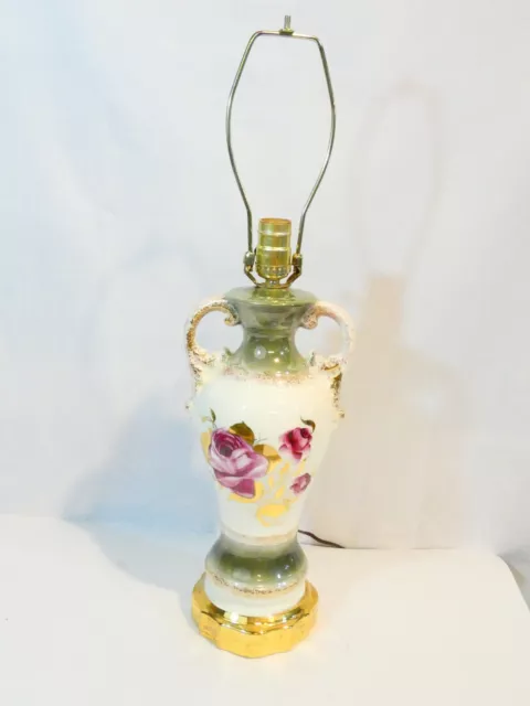 Antique Vintage Table Lamp Floral & Gold Ornate Gold Base 25" Signed Rewired
