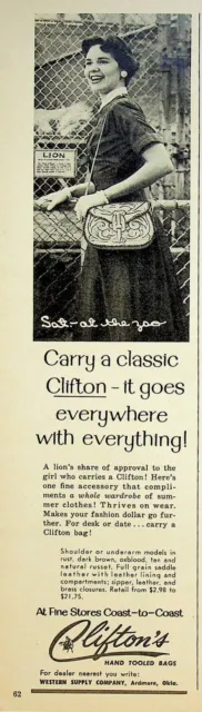 1955 Clifton's Hand Tooled Bags Vintage Print Ads Compliments Women's Fashion