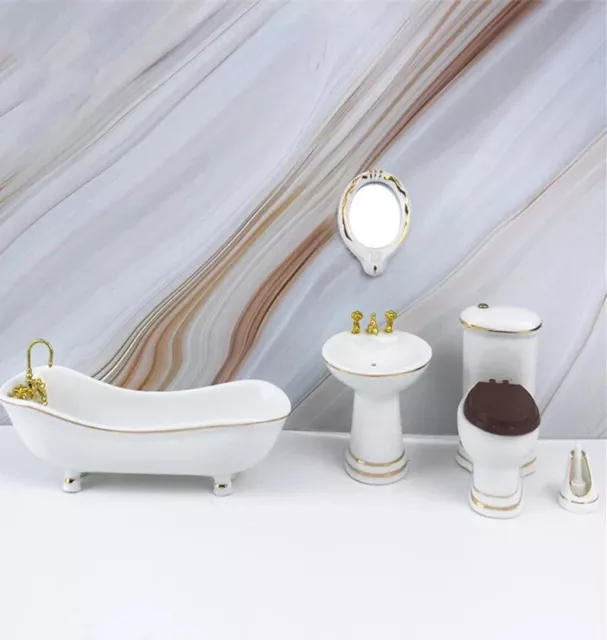 Dollhouse Bathroom Set Ceramic Tub Toilet Sink 1:12 Scale Miniature sink mirror