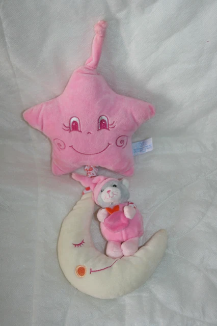Gipsy Doudou Peluche Etoile Chat Sur Lune Musical Rose Blanc Gris Etat Neuf