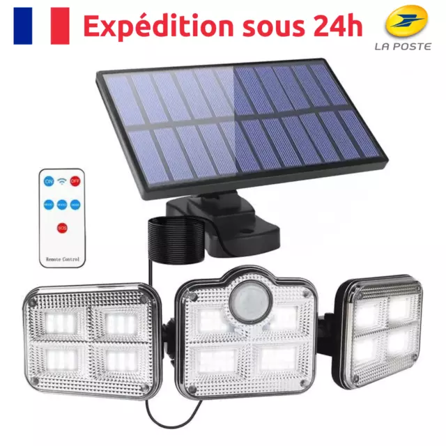 Lampe solaire exterieur detecteur de mouvement 224 LED, 3 Têtes Projecteur solaire  exterieur, 270 ° eclairage exterieur IP65 Étanche Lumière Extérieure 4  Modes avec Câble de 5M avec Télécommande