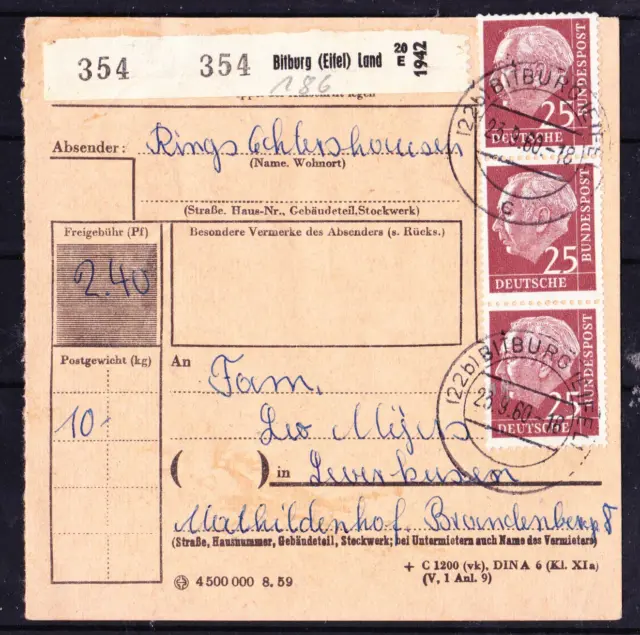 Bund Heuss I, 25 Pf, Mi. 186 im senkr. 3er-Streifen + Paar Vollstempel "Bitburg"