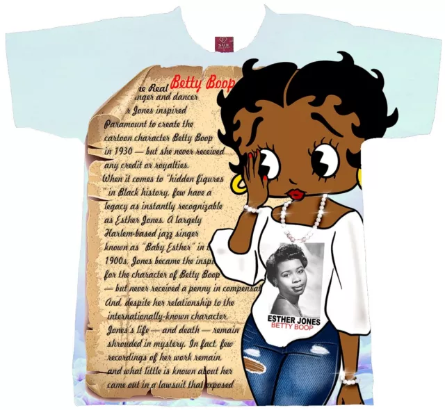 Black Betty Boop T-Shirt. The Real Esther Jones, Light Green On Front.