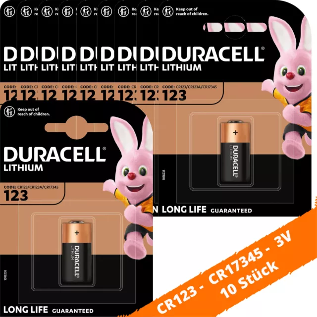 10 x Duracell CR123 CR17345 Photo Lithium Batterie 123A 3V ø17x34,5mm Blister