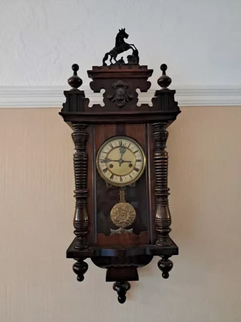 Antique Victorian Chiming Wall Clock with Horse on Top.  (Db)