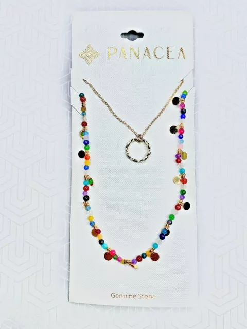 PANACEA Gold Chain Charm Beaded Rainbow Stone Ring Pendant Layered Necklace NEW