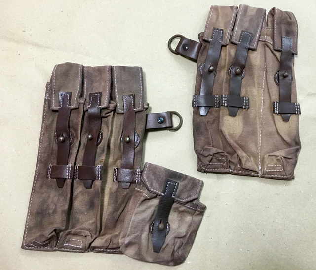 WWII German MP38/MP40 Magazine Pouch Set - Reproduction Khaki Canvas & Leather Pouches