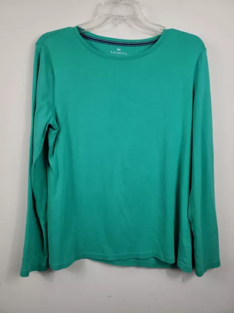 Talbots Womens T-Shirt Green 100% pima Cotton Long Sleeve Crew Neck Pullover L