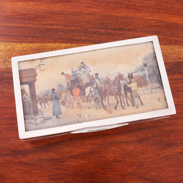 English Sterling Silver Cigarette Box Wooden Interior City Scene Horses Carriage