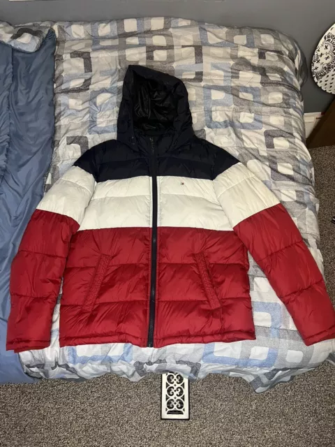 Tommy Hilfiger Red White Blue Block Color Jacket Puffer  Full Zip(L)