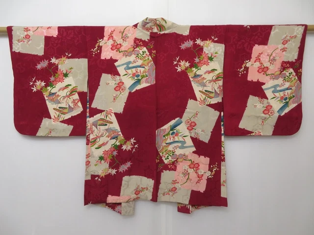 1126T09z480 Vintage Japanese Kimono Silk HAORI Wine red Shikishi