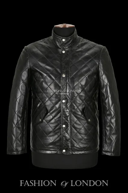 Men Quilted Leather Jacket Black Classic Real Lambskin 70's Fashion Jacket UK