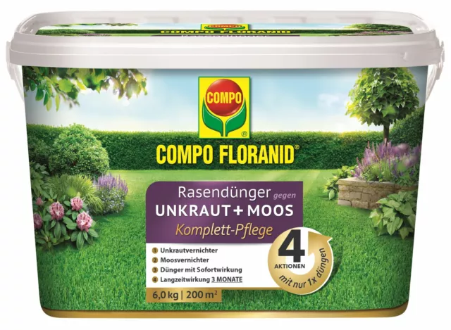 COMPO FLORANID® Rasendünger gegen Unkraut+Moos Komplett-Pflege 6kg für 200m²