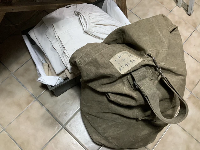 VINTAGE LINGE Ancien Sac Militaire Kaki En Grosse Toile Époque Guerre