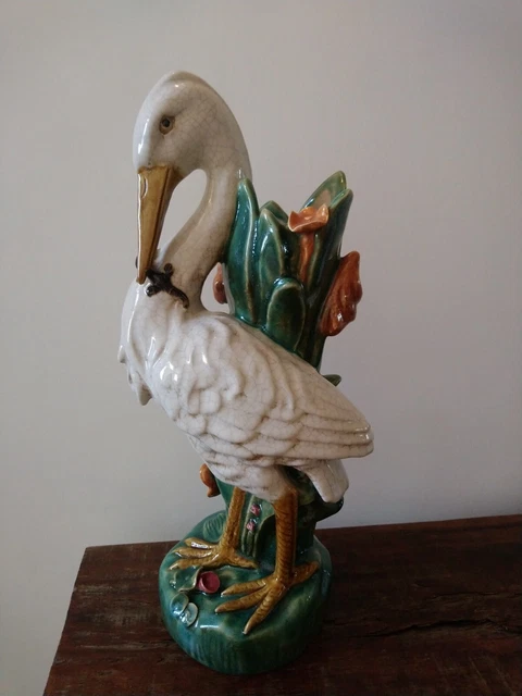 rare Ancien VASE ART NOUVEAU en BARBOTINE héron (style J Holdcroft)