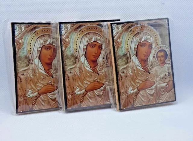 Mary of Jerusalem small icons made on wood and photograph pic in holy land 3pc