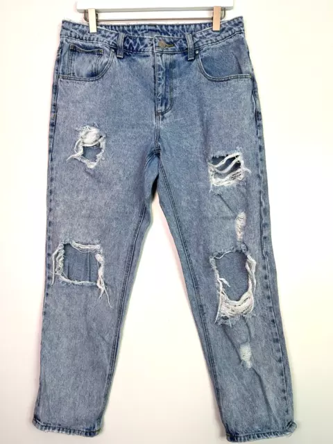 Asos tapered distressed destroyed slouchy mom denim jeans light wash blue 32"