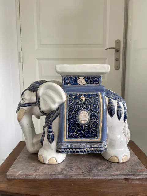 Ancien Grand Porte plante éléphant céramique bleu 35 x 40 cm 5 kg - Tabouret