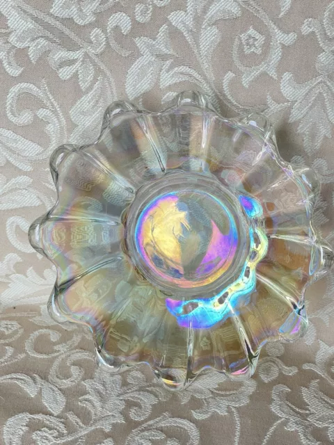 Vintage Federal Clear Glass Iridescent Celestial Small Floral Shape Shallow Bowl