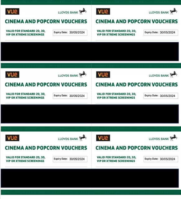 6 x Vue Cinema Tickets and Half Price Popcorn - Expiry Date 30/05/2024 6 x Vue Cinema Tickets and Half Price Popcorn - Expiry Date 30/05/2024