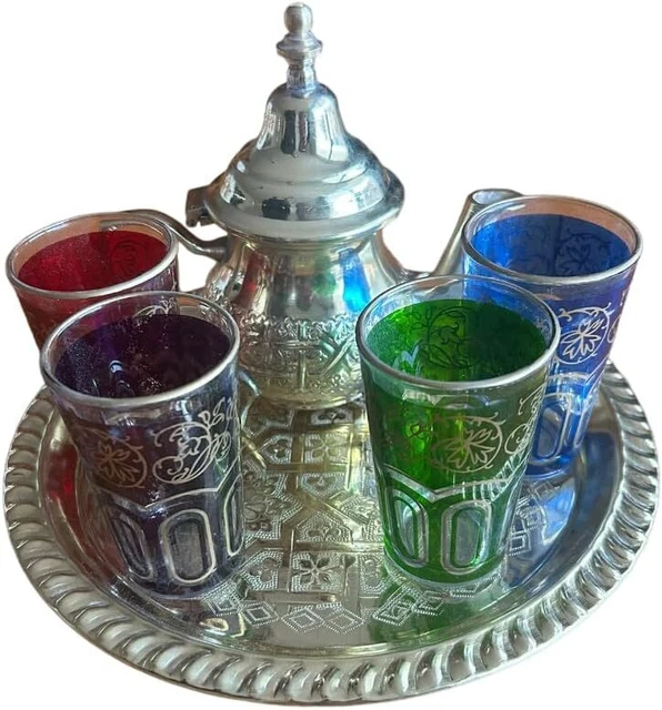 Théière Marocaine Service à Thé Marocain Traditionnel - 6 Tasses Plateau Theiere En Verre