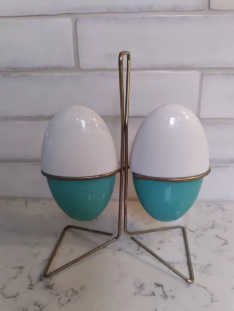 Vacron Bopp-Decker White & Turquoise Salt & Pepper Shakers W/Wire Stand
