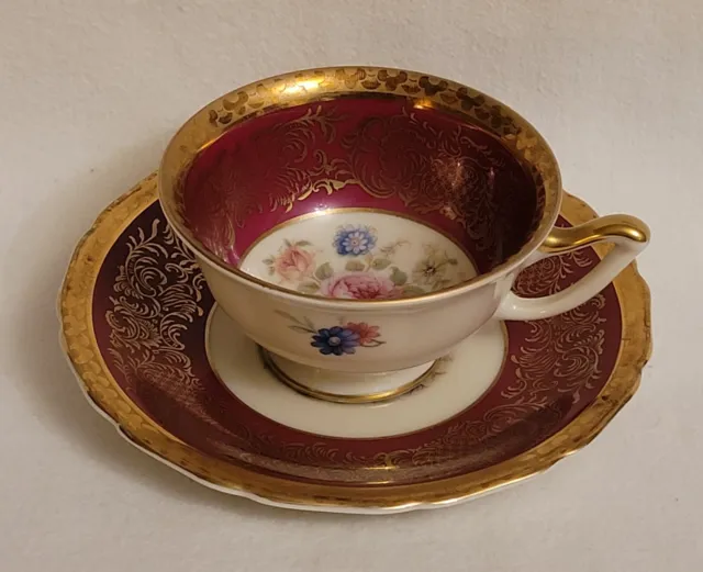 Juego de tazas y platillos de porcelana floral marrón y dorada Atq Thomas Bavaria Alemania 1939-