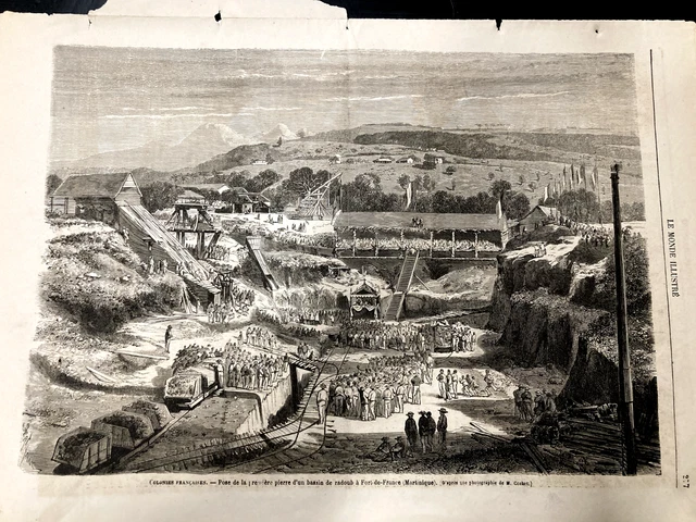 Antique engraving 1866 19th French colonies Fort de France Martinique refurbished