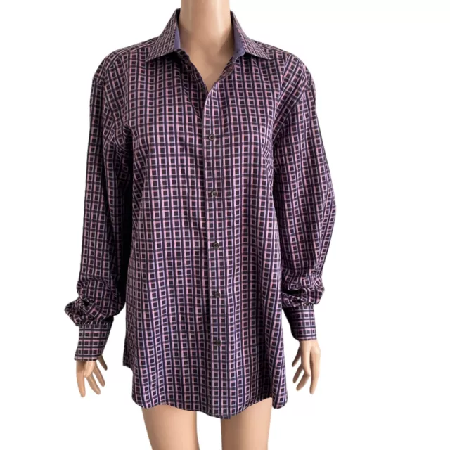 Bugatchi Uomo Button Front Shirt Mens Large Purple Black Square Shaped Fit