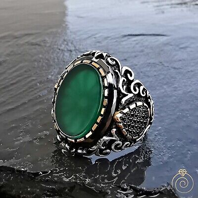 Ancient Mens Green Aqeeq Different Rings For Men Agate Promise Vintage Cool Size