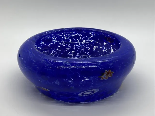 Unique Cobalt Blue Clear Hand Blown Studio Art Glass Bowl Millefiori 2" x 5.5"