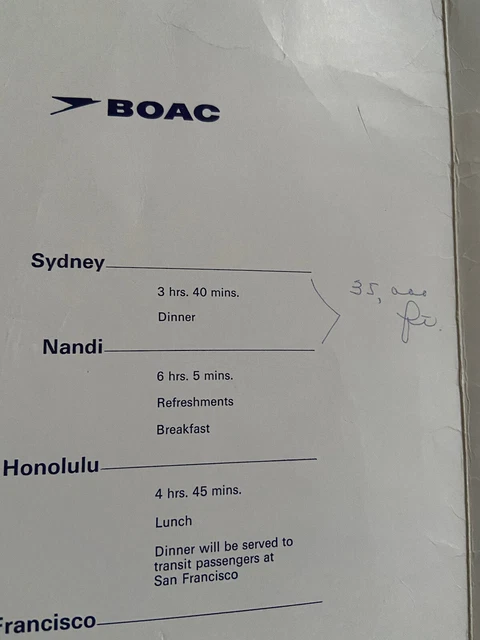 BOAC AIRLINES SOUTH Pacific Route Vintage Original Menu $40.00 ...