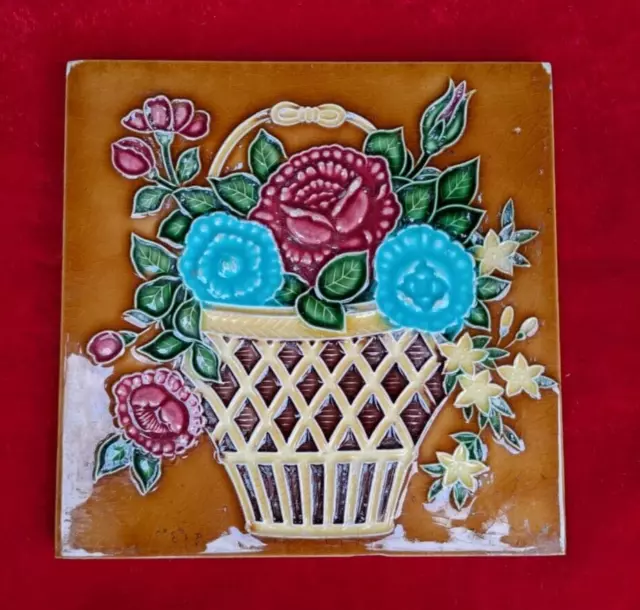 1 Piece Old Art Basket Flower Design Embossed Majolica Ceramic Tiles Japan 0370