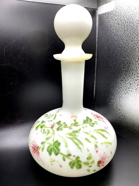 Antique Milk Glass Decanter Vanity Bottle with Stopper Hand Painted Floral
