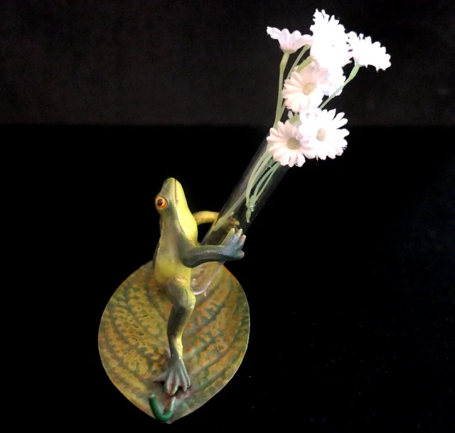 Petites Choses Metal Painted Frog Figure Holding Flower Vial or Ring Holder