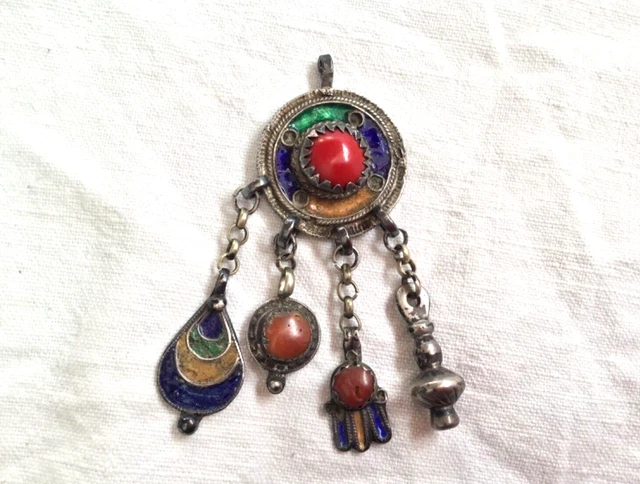 Collier Pendentif Berbère Marocain En Argent 925 Et Corail Rouge, Vintage Fait Main