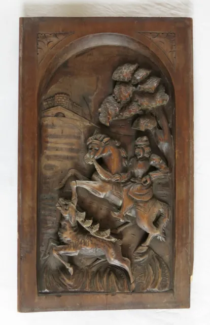 SCENE de CHASSE, panneau bois sculpté, chateau, cerf, seigneur, cheval, chasse .