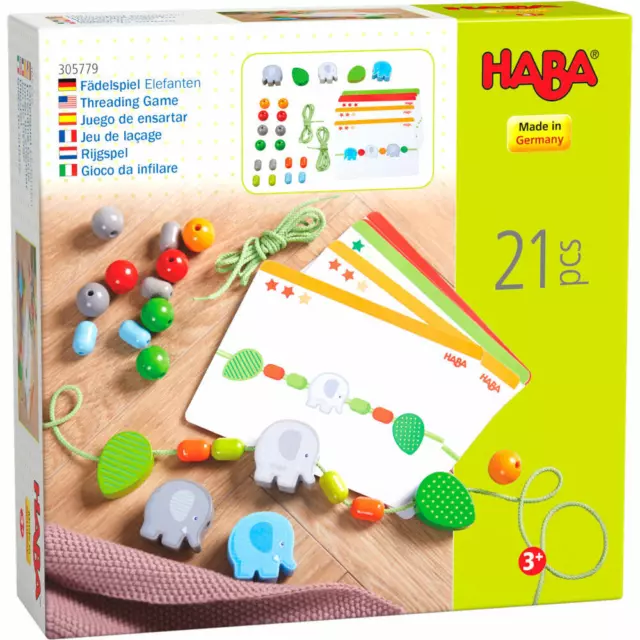 HABA Fädelspiel Elefanten, Bastelspiel, Kreativspiel, ab 3 Jahren, Buche, 305779