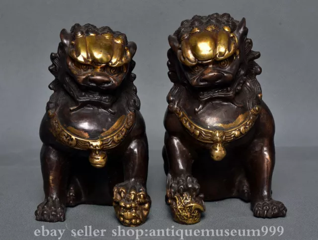 5.6" Old Chinese Bronze gilt Fengshui Foo Fu Dog Guardion Lion Statue Pair