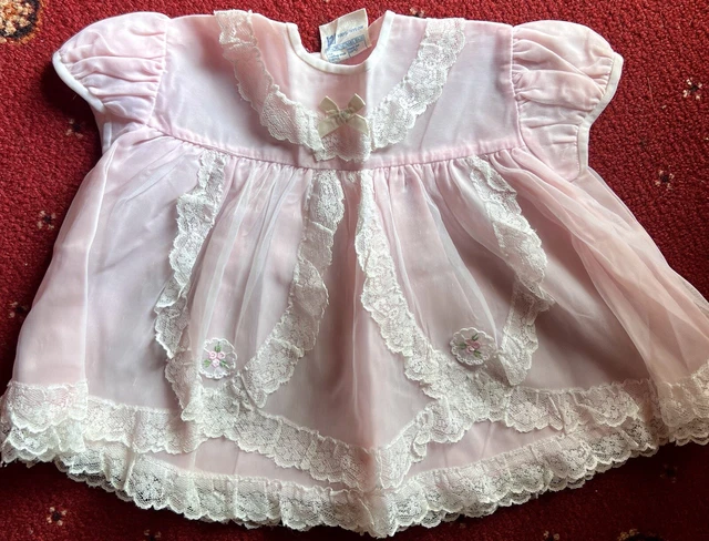 Adorable Vintage Boots Girls Pink & White Lace & Frill Dress Age 0-3 Months