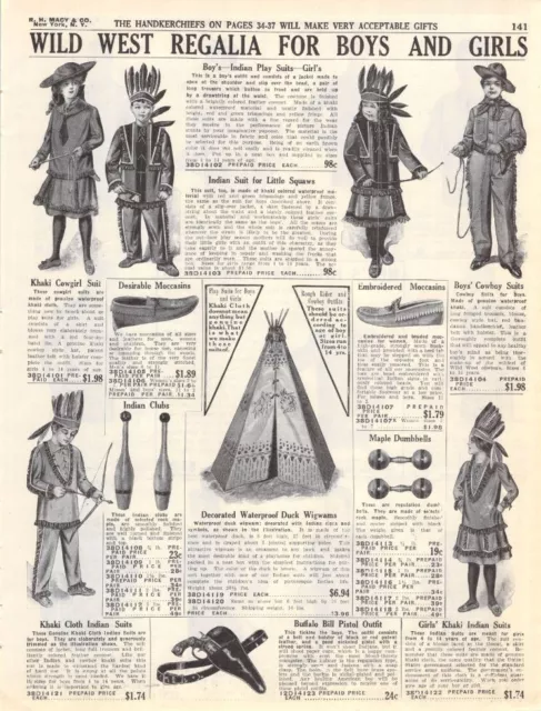 Vintage Paper Ad Boys' Girls' Children's Wild West Regalia 1910s Macy's 1911