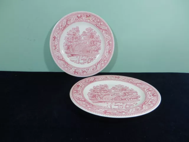 Set of 2 Vintage Royal China Memory Lane 10" Dinner Plates Pink Red Transferware