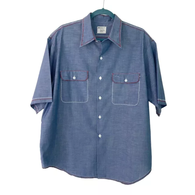 JC Penney Vintage Mens Shirt Blue Size XL 70s Big Mac Penn-Prest Button Front